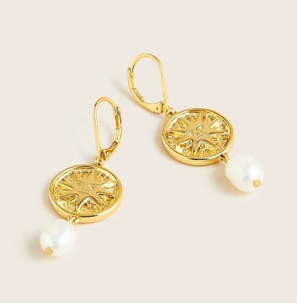 NWT J. Crew Soleil Sun Coin Pearl Drop Earrings Gold Celestial BD963 Dangles
